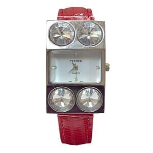 BIJOUX TERNER Women's RHINESTONE WATCH With Red Band - NEW BATTERY